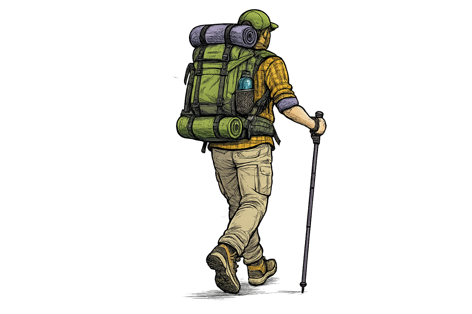 A hiker walking with a backpack and trekking pole