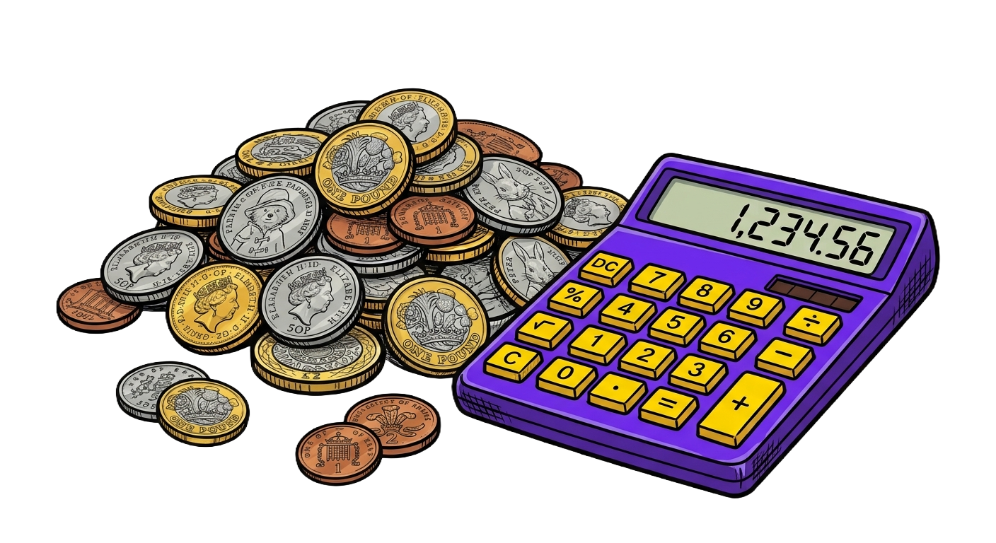A pile of UK coins beside a calculator