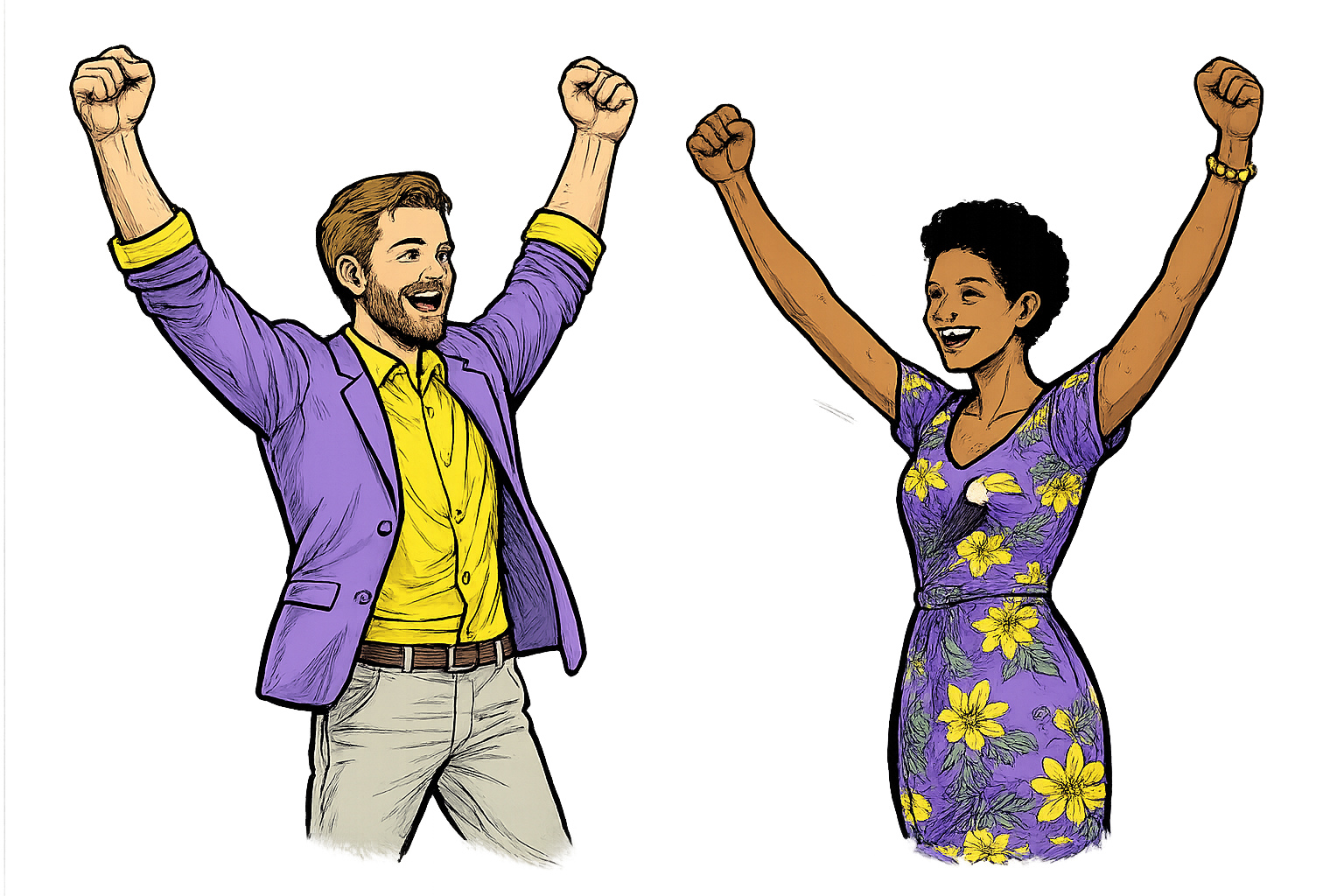 Two people celebrating with their arms raised
