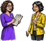 Two colleagues talking, one making notes on a clipboard checklist